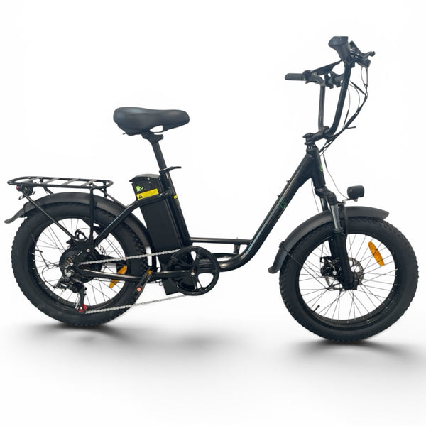 Hurrecane Bikes black electric folding commuter bicycle with rear rack, front suspension, and thick all-terrain tyres.