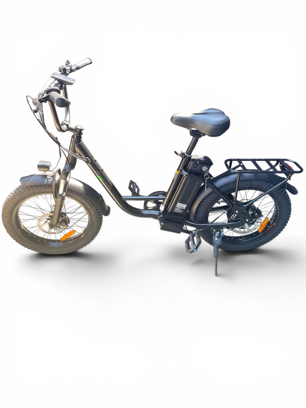 Hurrecane Bikes black electric folding commuter bicycle with rear rack, front suspension, and thick all-terrain tyres.